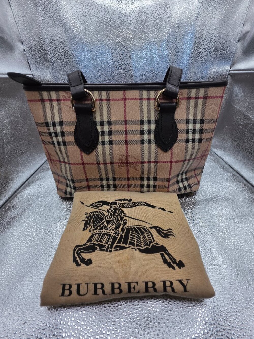 ✨ Authentic Burberry Haymarket Check Tote Bag | Dark Brown Leather | Gold Hardwa